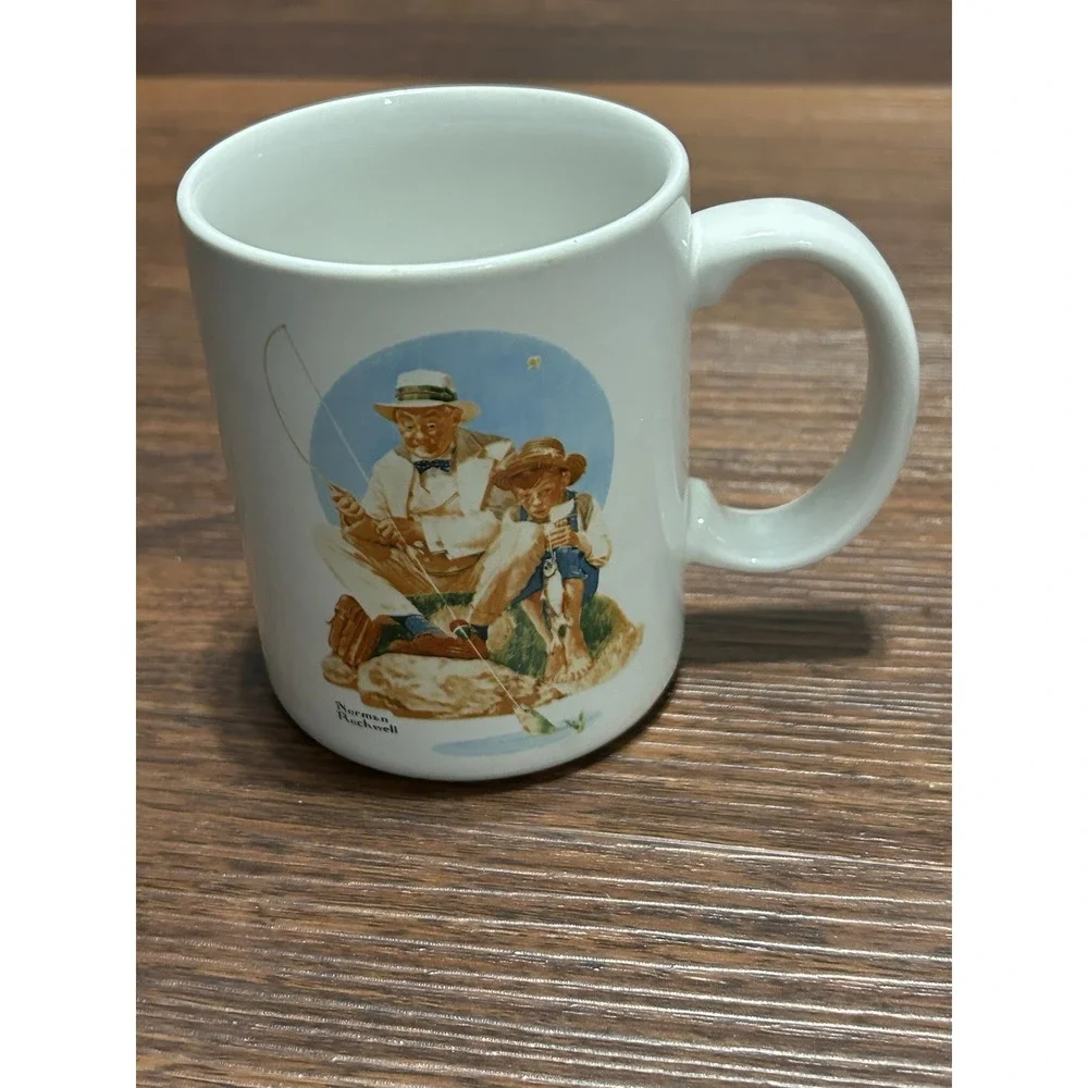 Norman Rockwell 1987 museum collections Coffee mugs cup set of 2 fishing Vintage